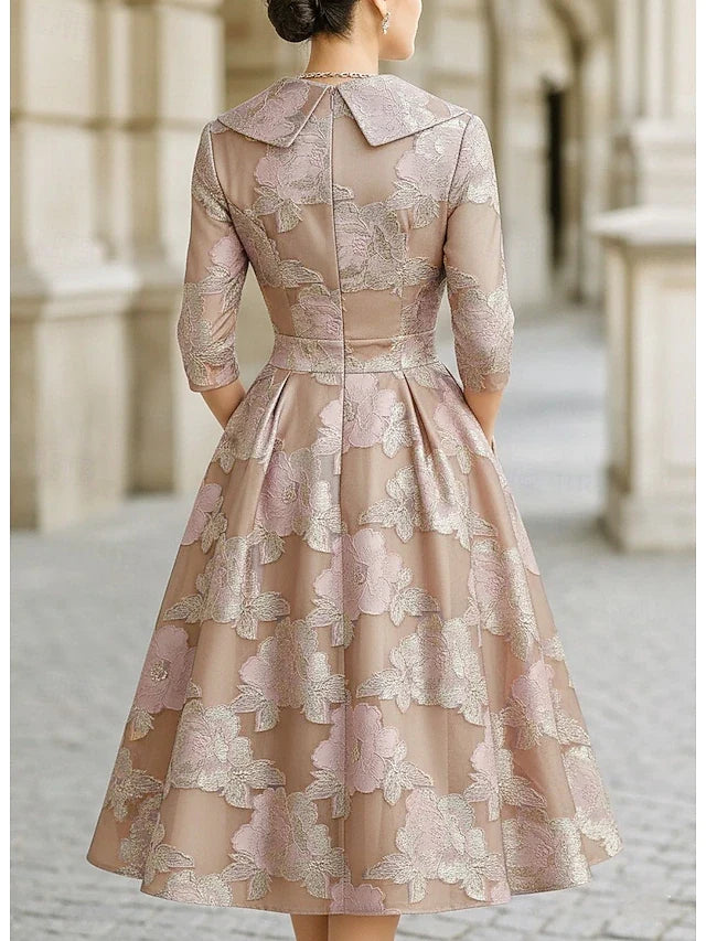 Elegant A-Line Shawl Collar Three-Quarter Sleeve Floral Nude Pink Midi Prom Dress