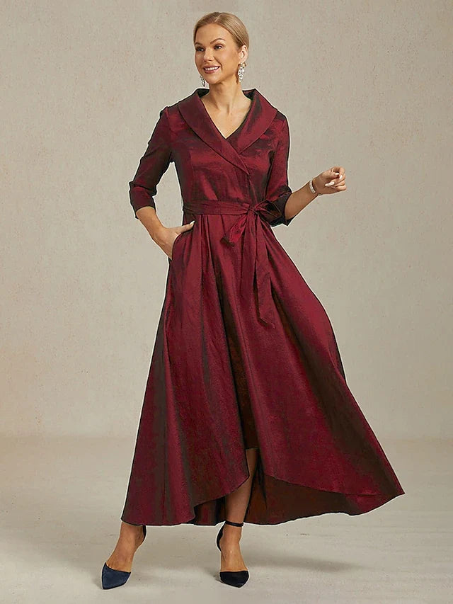 Elegant A-Line Shawl Collar V-Neck Three-Quarter Sleeve Wrap Burgundy High-Low Prom Dress