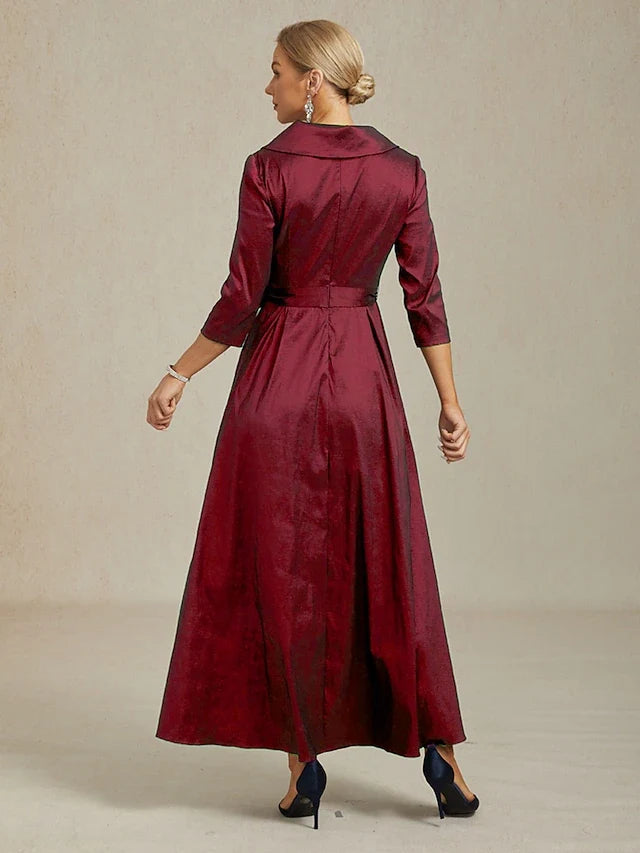 Elegant A-Line Shawl Collar V-Neck Three-Quarter Sleeve Wrap Burgundy High-Low Prom Dress