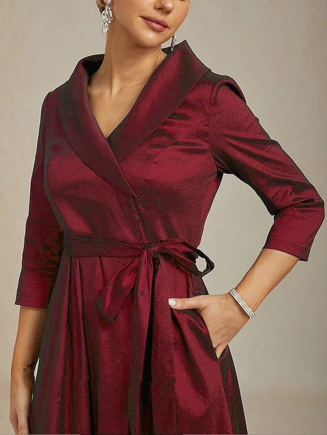 Elegant A-Line Shawl Collar V-Neck Three-Quarter Sleeve Wrap Burgundy High-Low Prom Dress