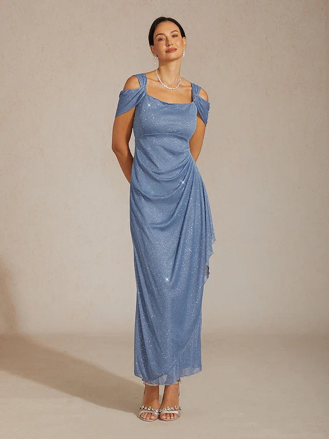 Elegant A-Line Shimmering Ruched Off-Shoulder Dusty Blue Floor-Length Prom Dress