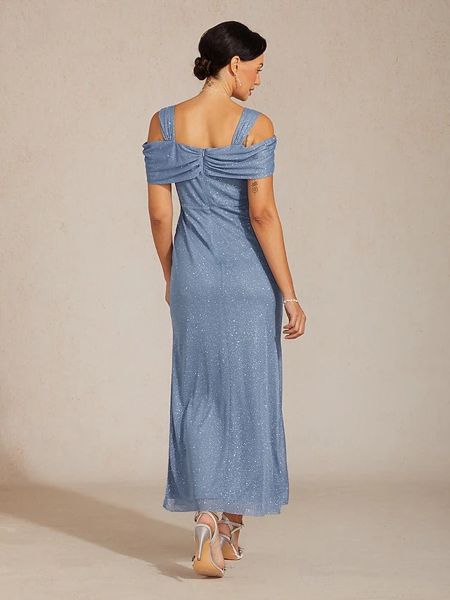 Elegant A-Line Shimmering Ruched Off-Shoulder Dusty Blue Floor-Length Prom Dress