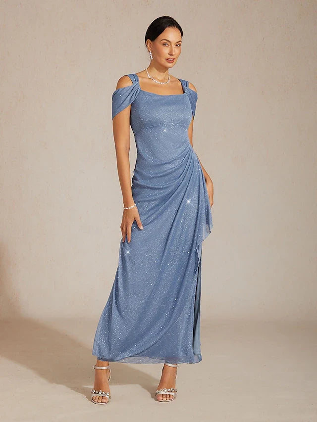Elegant A-Line Shimmering Ruched Off-Shoulder Dusty Blue Floor-Length Prom Dress