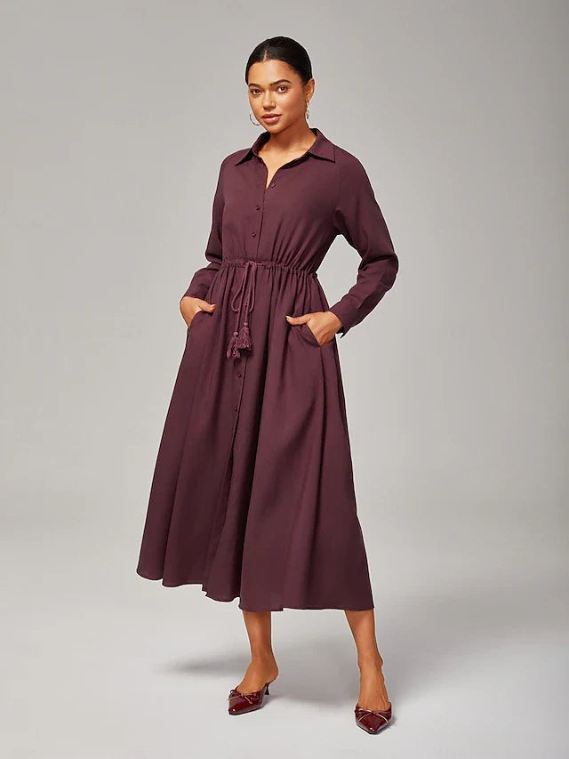 Elegant A-Line Shirt Collar Long Sleeve Drawstring Plum Midi Prom Dress Women's