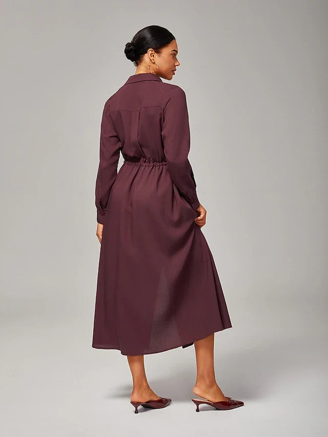 Elegant A-Line Shirt Collar Long Sleeve Drawstring Plum Midi Prom Dress Women's
