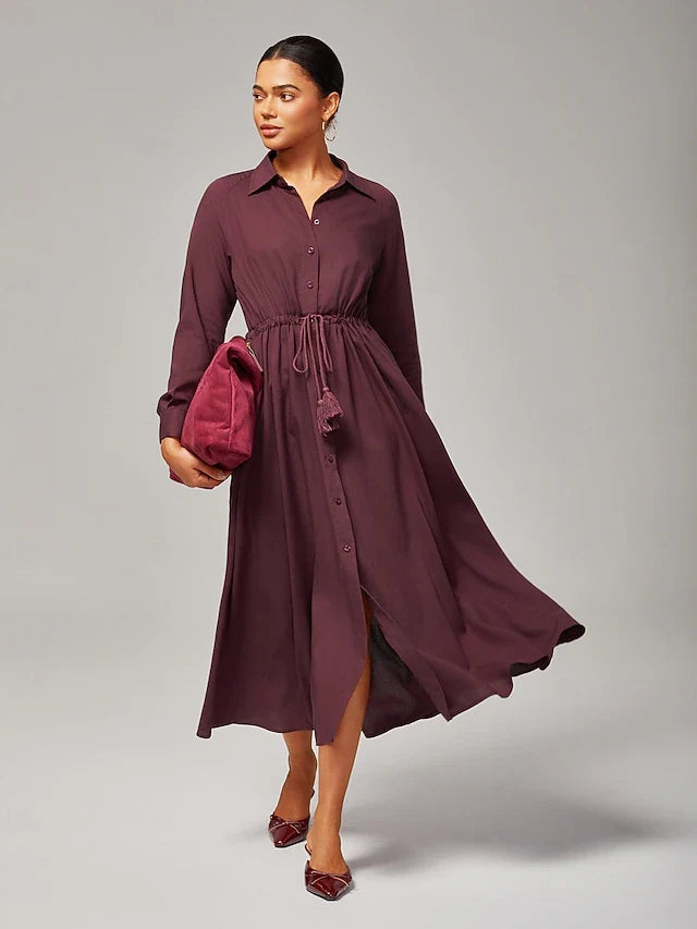 Elegant A-Line Shirt Collar Long Sleeve Drawstring Plum Midi Prom Dress Women's