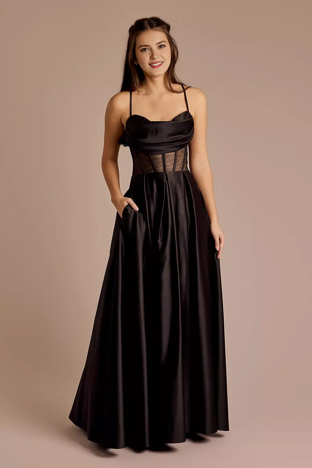 Elegant A-Line Spaghetti-Strap Sleeveless Draped Lace Up Crisscross Back Satin Floor-Length Prom Dresses
