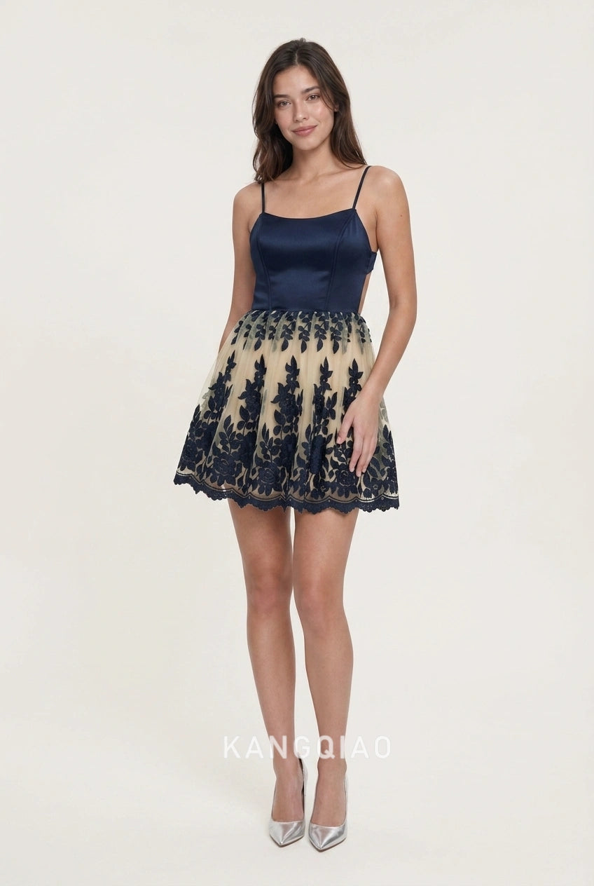 Elegant A-Line Spaghetti Strap Embroidered Backless Navy Beige Short Homecoming Dress