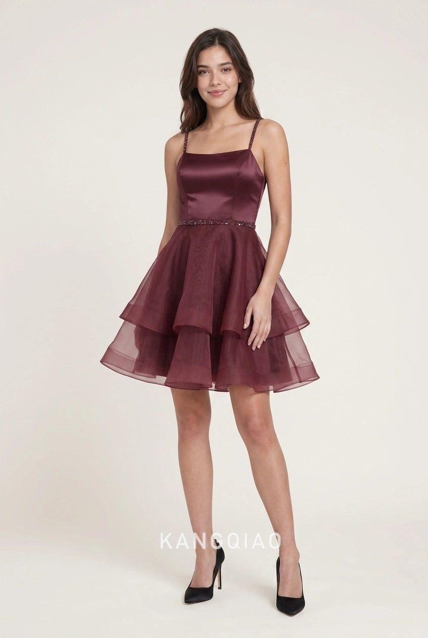 Elegant A-Line Square Neck Beaded Tiered Burgundy Short Homecoming Dress