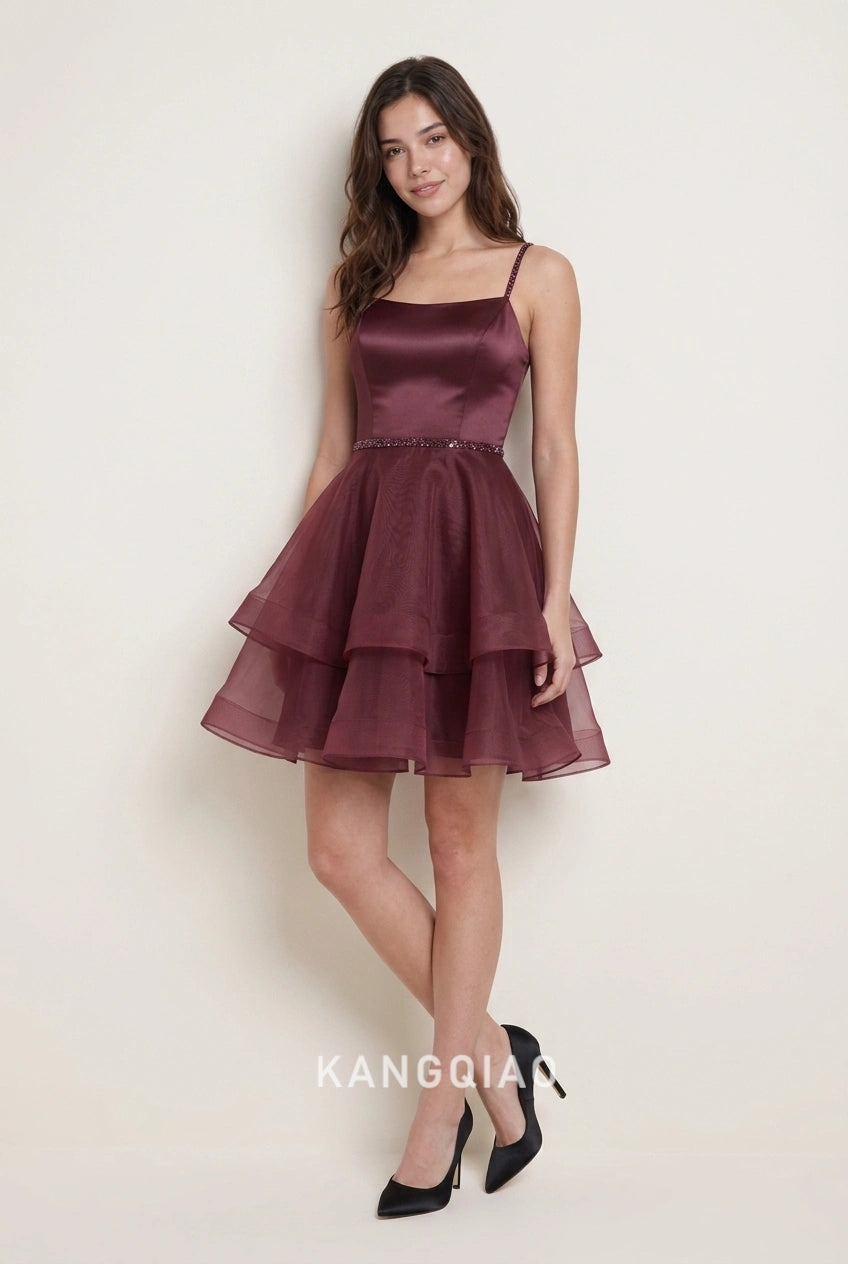 Elegant A-Line Square Neck Beaded Tiered Burgundy Short Homecoming Dress
