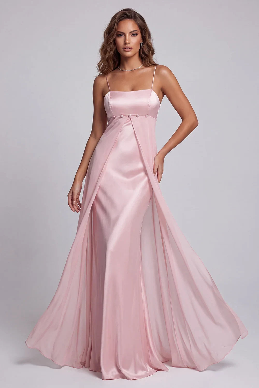 Elegant A-Line Square Neck Sleeveless Layered Pink Floor-Length Homecoming Dress