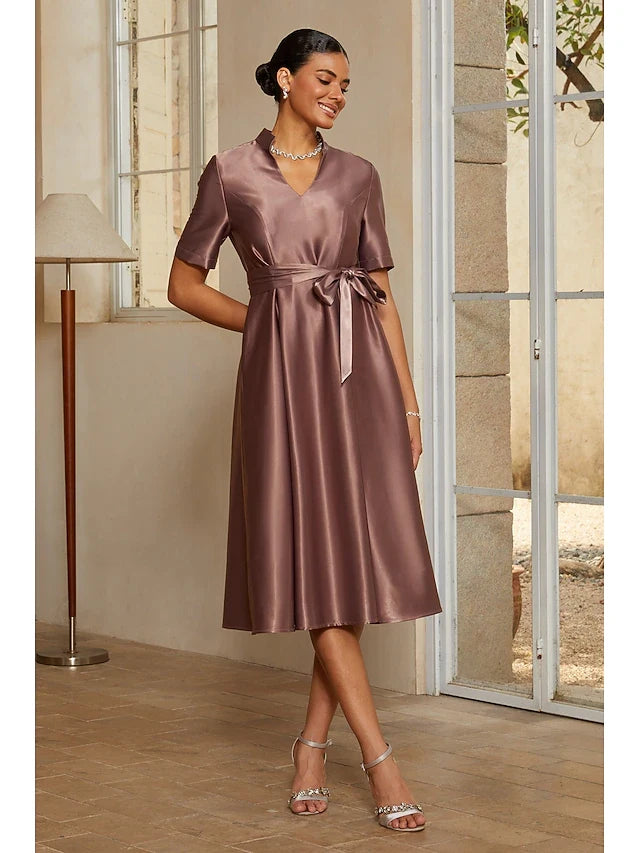 Elegant A-Line Stand Collar V-Neck Short Sleeve Belted Mauve Midi Prom Dress