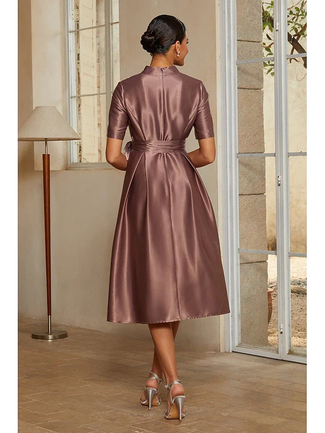 Elegant A-Line Stand Collar V-Neck Short Sleeve Belted Mauve Midi Prom Dress