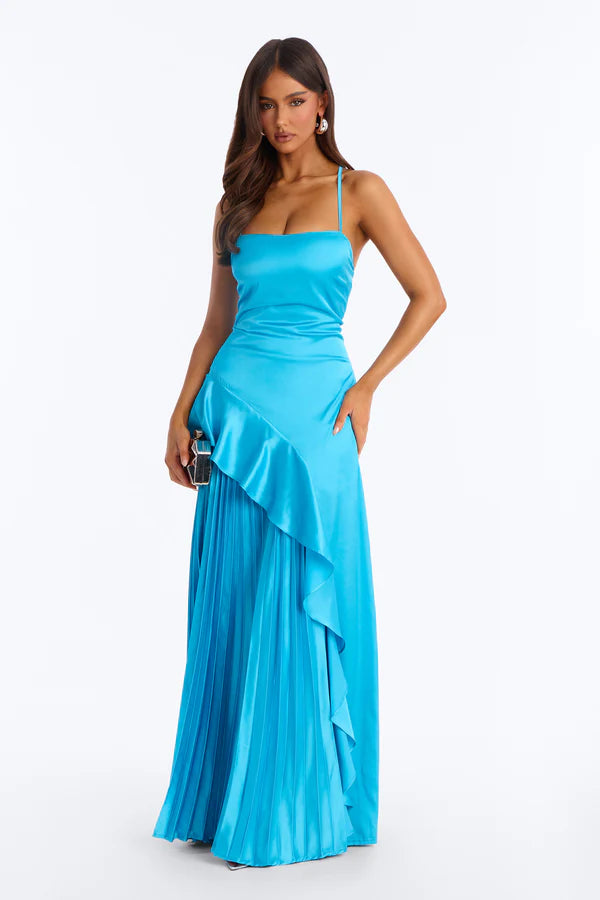 Elegant A-Line Straight-Across Sleeveless Ruffled Pleated Turquoise Floor-Length Prom Dress Gown