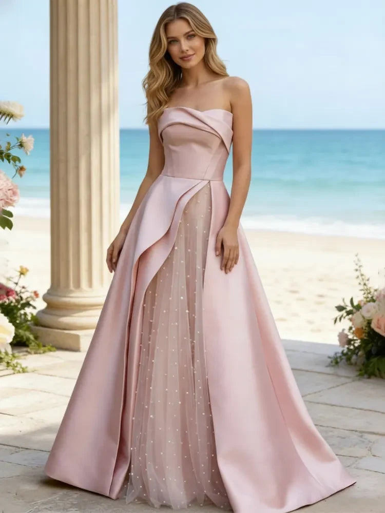 Elegant A-Line Strapless Draped Pearl Blush Pink Floor-Length Prom Dresses Gown