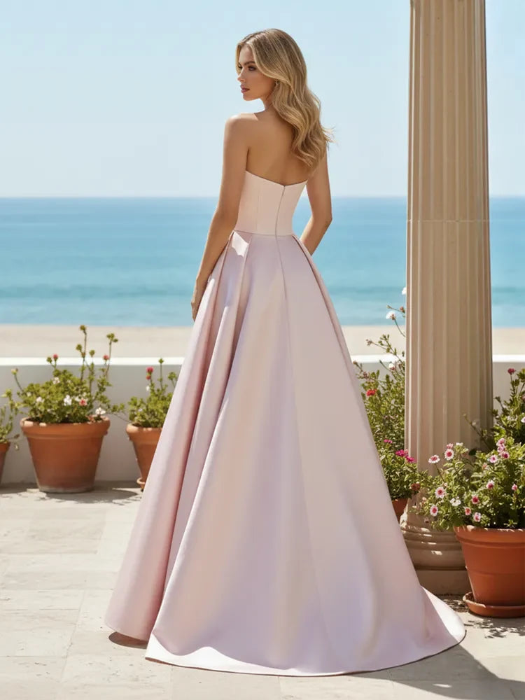 Elegant A-Line Strapless Draped Pearl Blush Pink Floor-Length Prom Dresses Gown