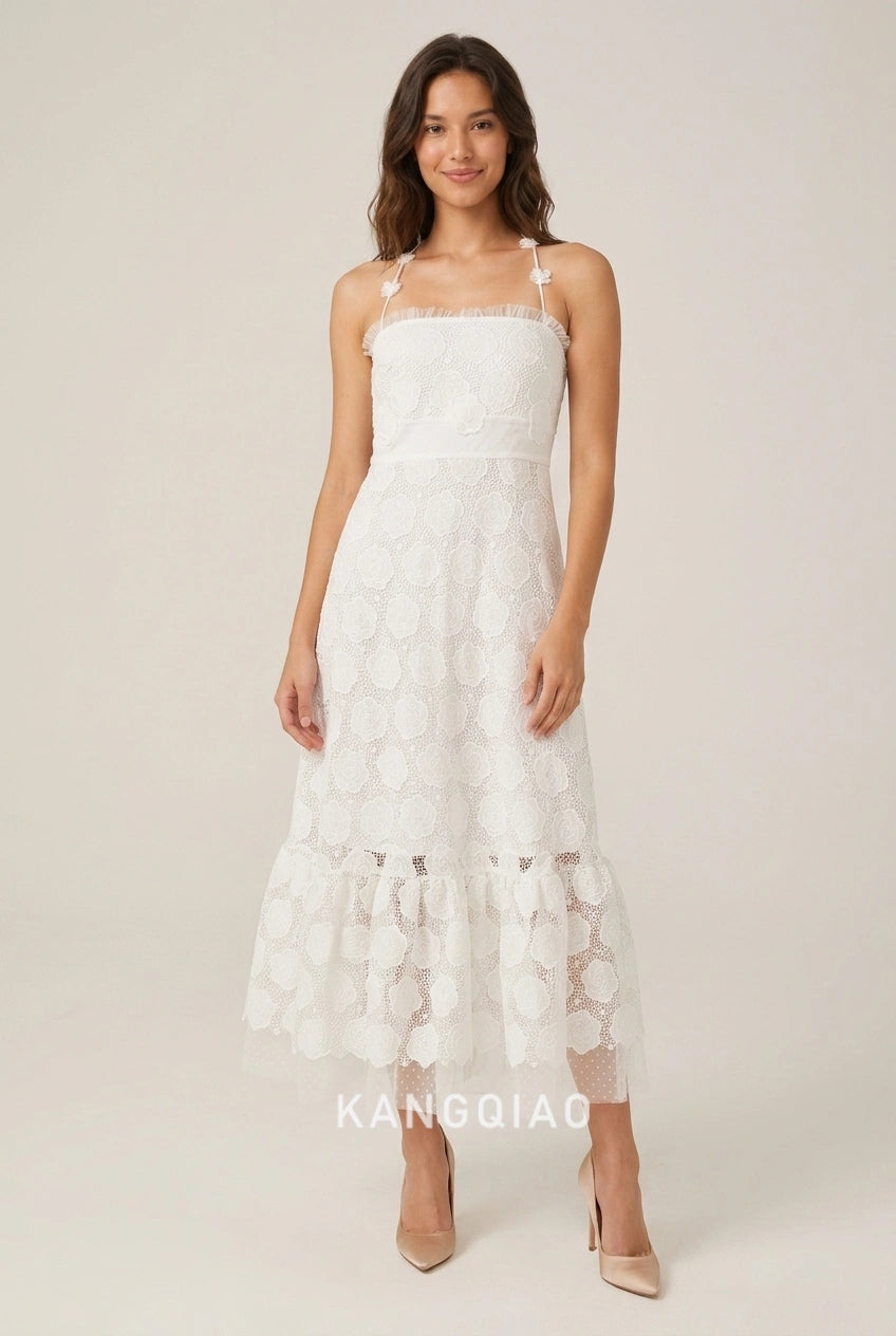 Elegant A-Line Strapless Floral Applique Ruffled Ivory Midi Prom Dresses