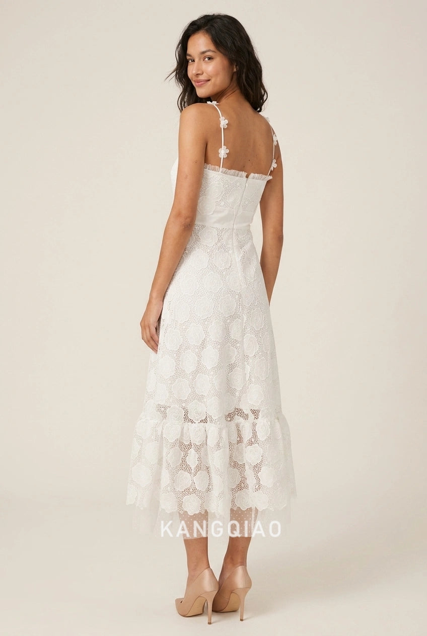 Elegant A-Line Strapless Floral Applique Ruffled Ivory Midi Prom Dresses