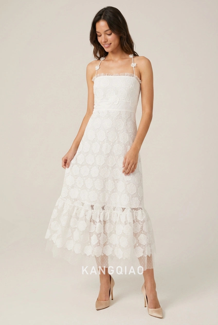 Elegant A-Line Strapless Floral Applique Ruffled Ivory Midi Prom Dresses