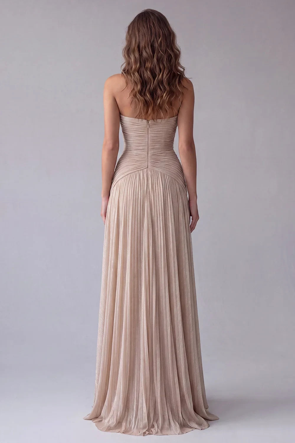 Elegant A-Line Strapless Ruched Glittering Champagne Floor-Length Homecoming Dress Women's Gown