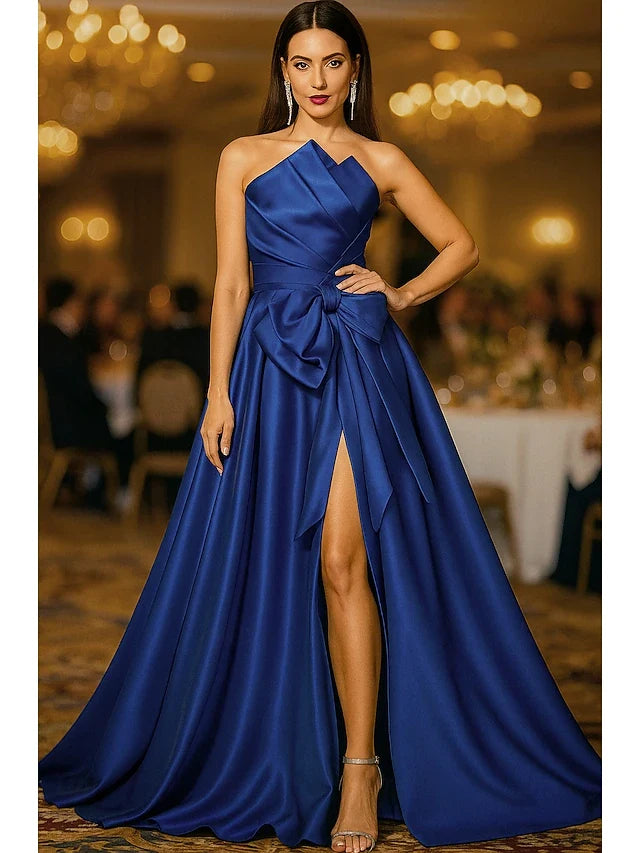 Elegant A-Line Strapless Sleeveless Pleated Bow Royal Blue Floor-Length Prom Dresses for Women