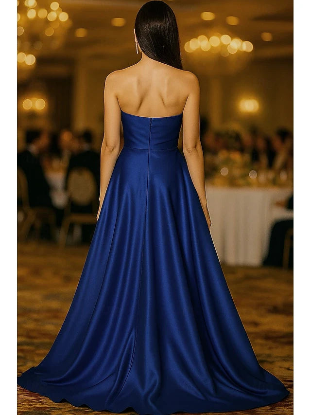 Elegant A-Line Strapless Sleeveless Pleated Bow Royal Blue Floor-Length Prom Dresses for Women