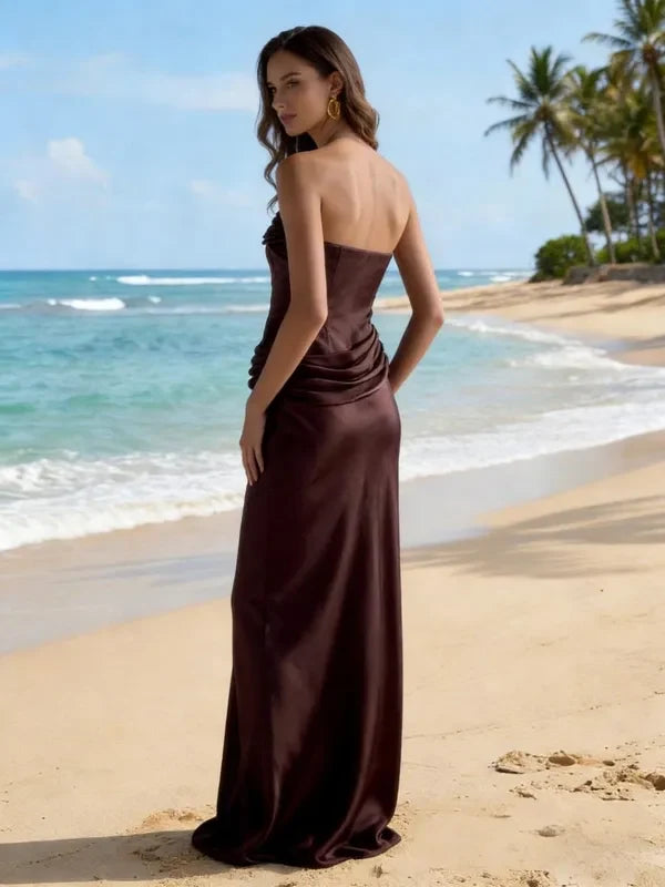 Elegant A-Line Strapless Sleeveless Ruched Flowy Chocolate Brown Floor-Length Women's Prom Dresses Gown