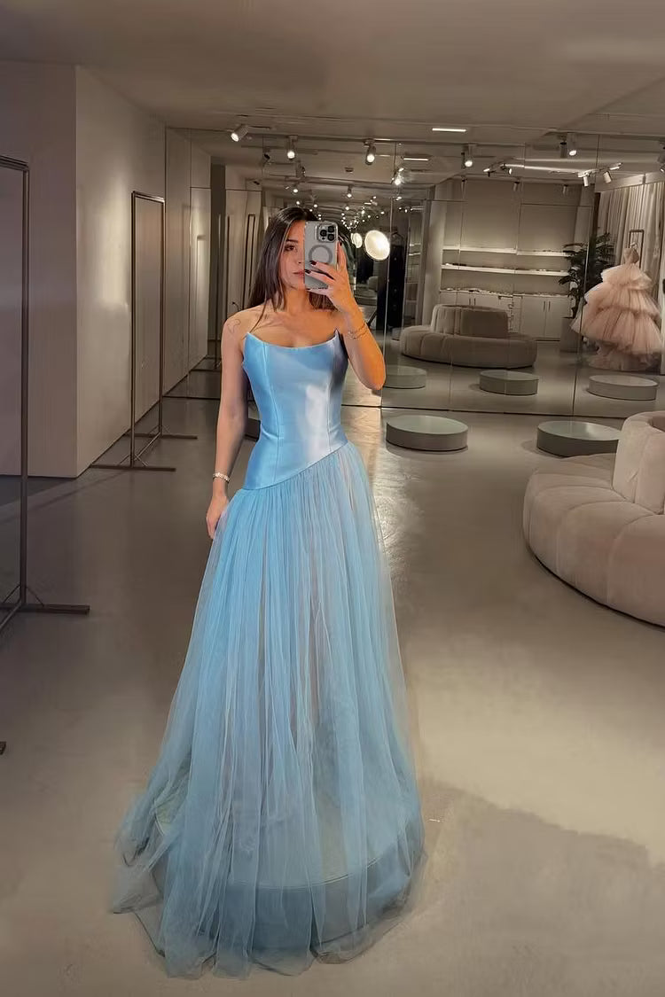 Elegant A-Line Strapless Sweetheart Tulle Corset Sky Blue Floor-Length Prom Gown