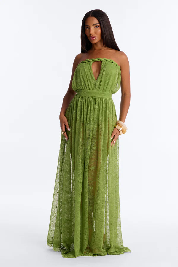 Elegant A-Line Strapless Twisted Sheer Green Floor-Length Prom Dresses Women's Gown