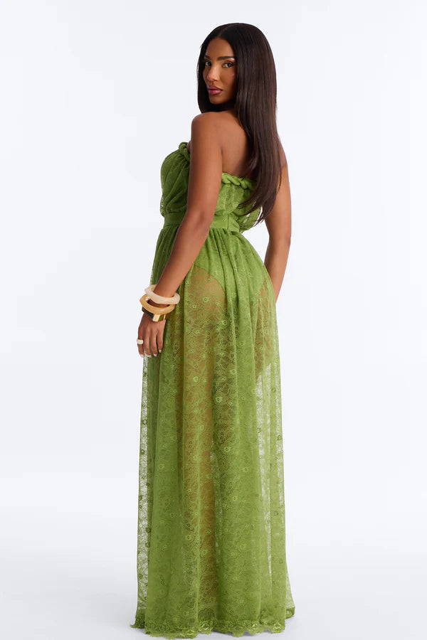 Elegant A-Line Strapless Twisted Sheer Green Floor-Length Prom Dresses Women's Gown