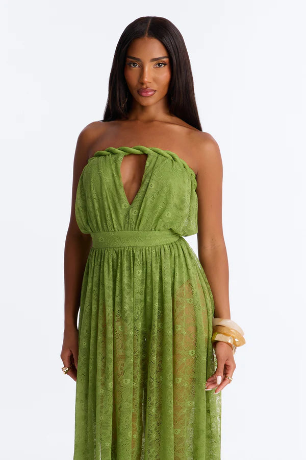 Elegant A-Line Strapless Twisted Sheer Green Floor-Length Prom Dresses Women's Gown