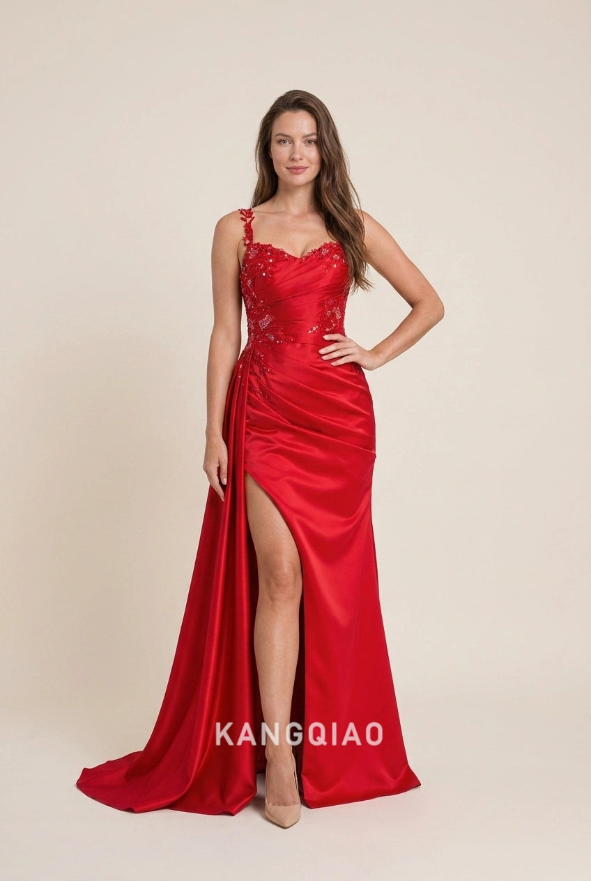 Elegant A-Line Sweetheart Beaded Applique High Slit Red Floor-Length Prom Dresses