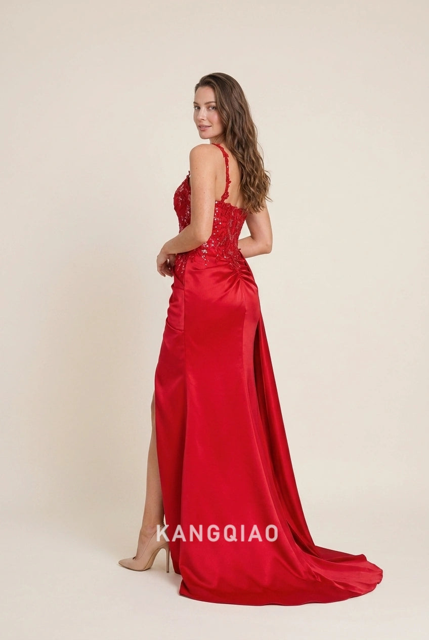 Elegant A-Line Sweetheart Beaded Applique High Slit Red Floor-Length Prom Dresses