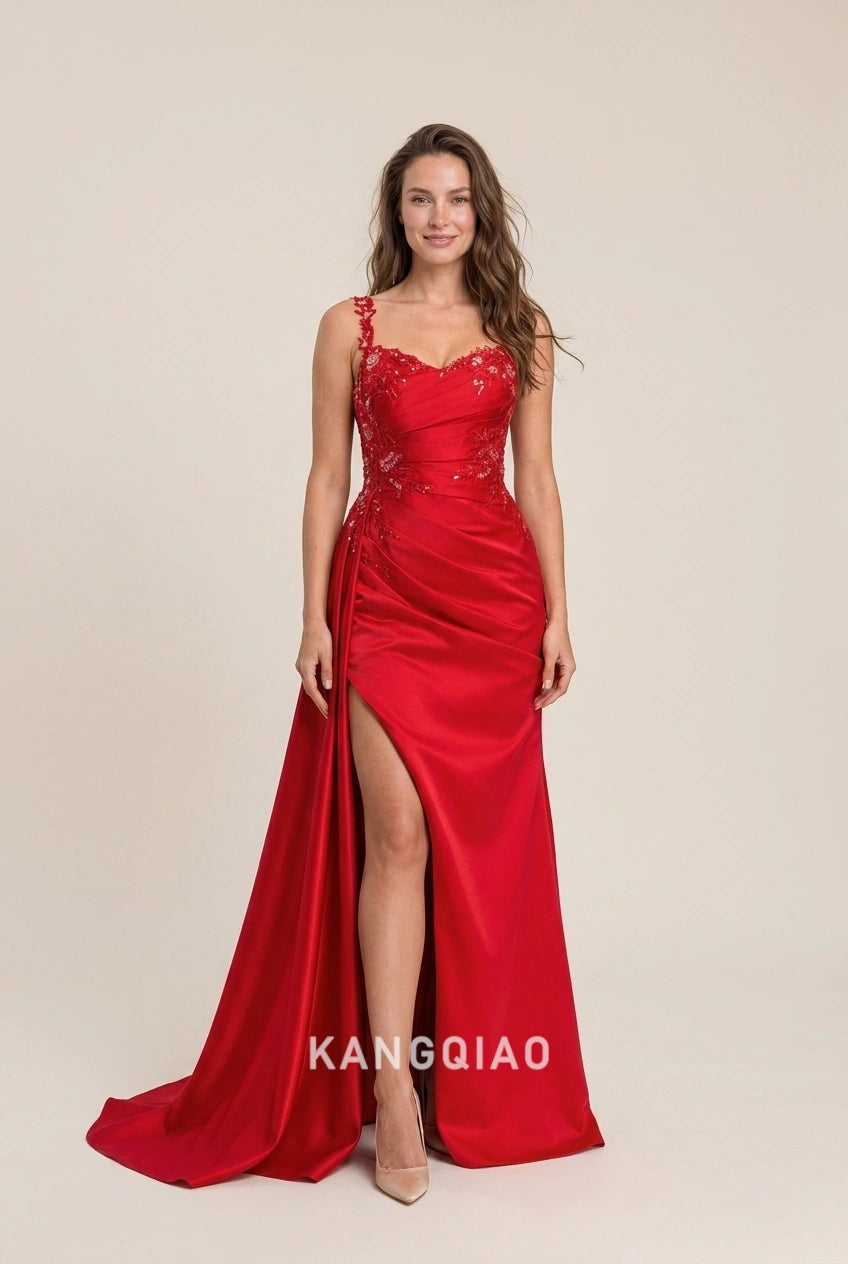 Elegant A-Line Sweetheart Beaded Applique High Slit Red Floor-Length Prom Dresses