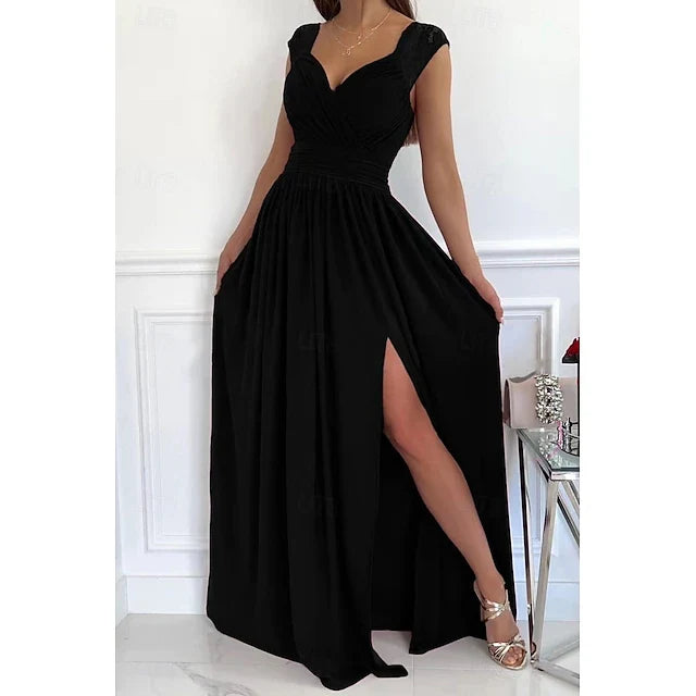 Elegant A-Line Sweetheart Cap-Sleeve High-Slit Black Floor-Length Prom Gown