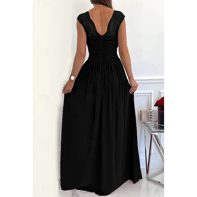 Elegant A-Line Sweetheart Cap-Sleeve High-Slit Black Floor-Length Prom Gown