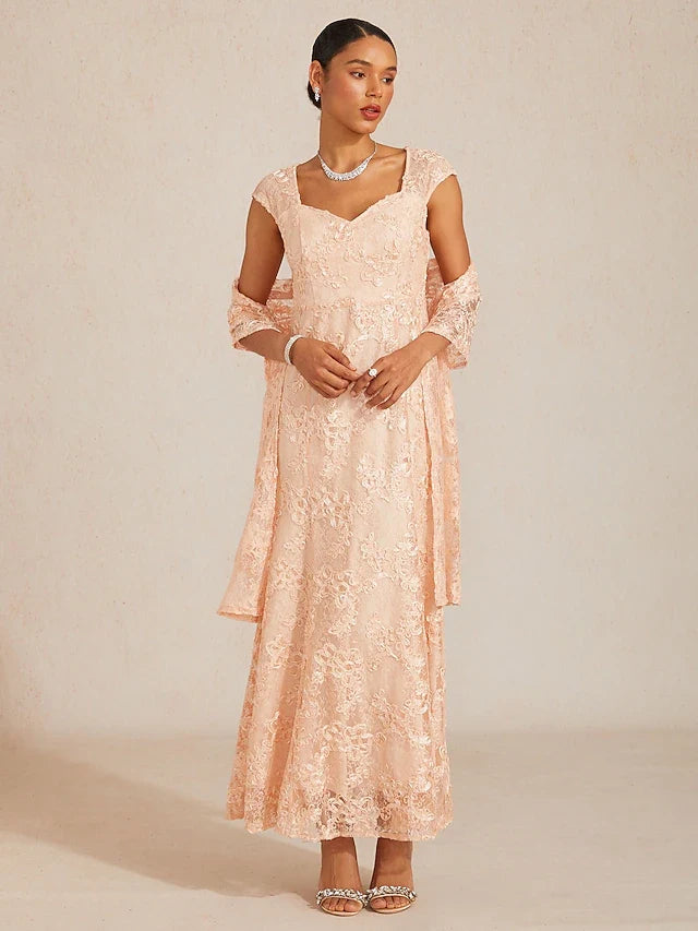 Elegant A-Line Sweetheart Cap Sleeve Floral Lace Blush Pink Floor-Length Prom Dress