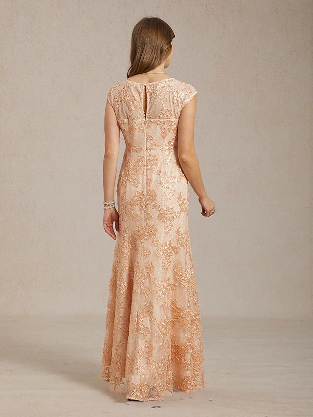Elegant A-Line Sweetheart Cap Sleeve Floral Lace Blush Pink Floor-Length Prom Dress