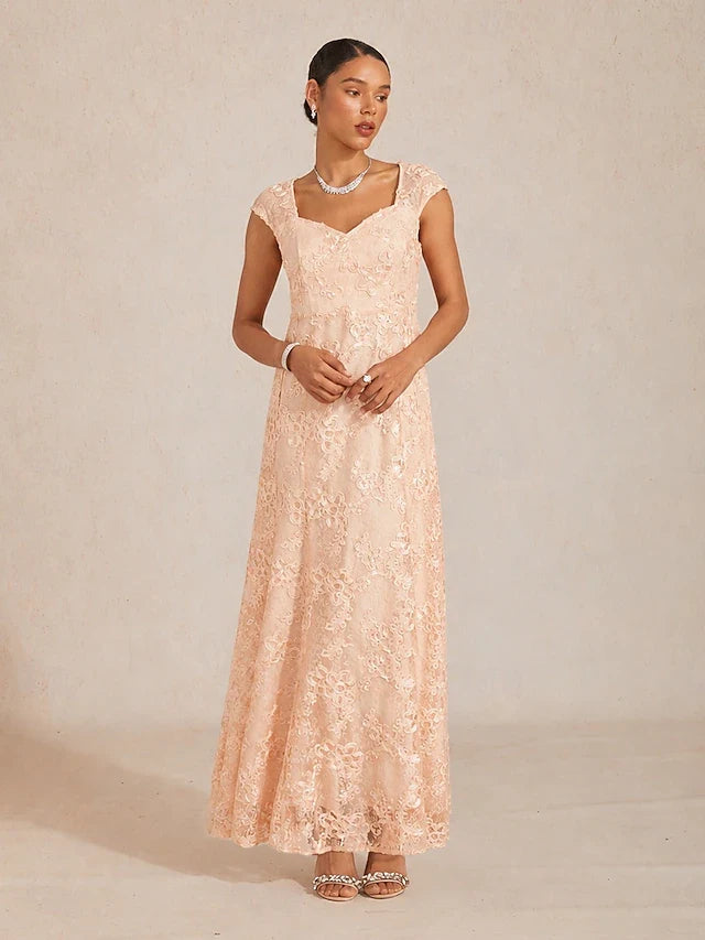 Elegant A-Line Sweetheart Cap Sleeve Floral Lace Blush Pink Floor-Length Prom Dress