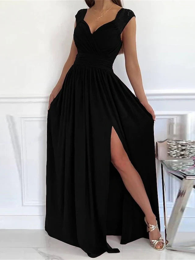 Elegant A-Line Sweetheart Cap Sleeve Slit Black Floor-Length Prom Gown