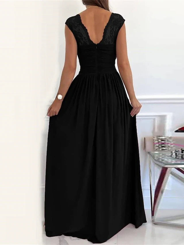 Elegant A-Line Sweetheart Cap Sleeve Slit Black Floor-Length Prom Gown
