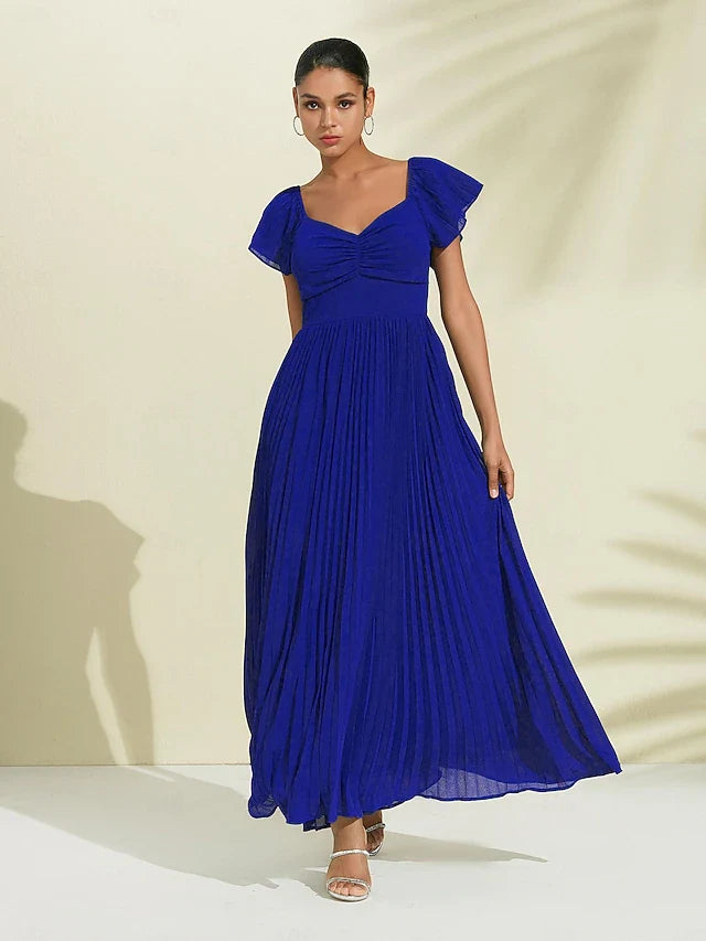 Elegant A-Line Sweetheart Flutter Sleeve Royal Blue Pleated Maxi Prom Gown