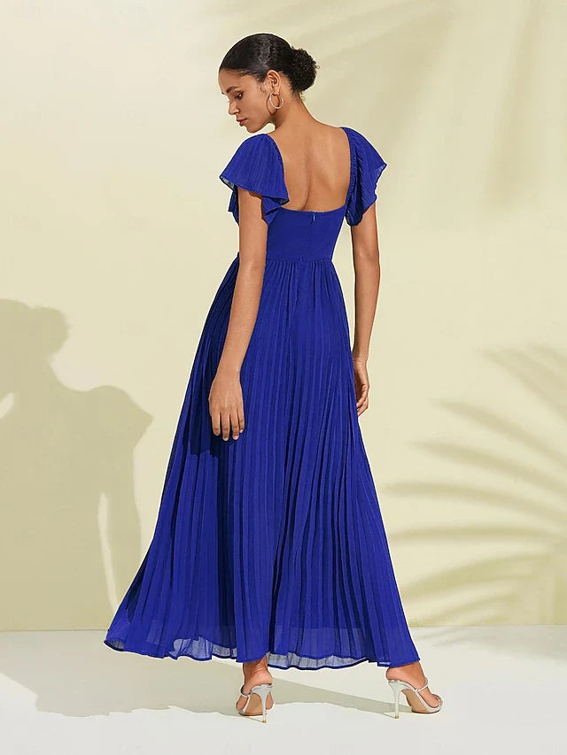 Elegant A-Line Sweetheart Flutter Sleeve Royal Blue Pleated Maxi Prom Gown