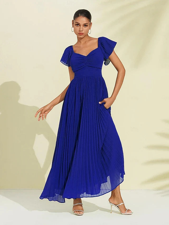Elegant A-Line Sweetheart Flutter Sleeve Royal Blue Pleated Maxi Prom Gown