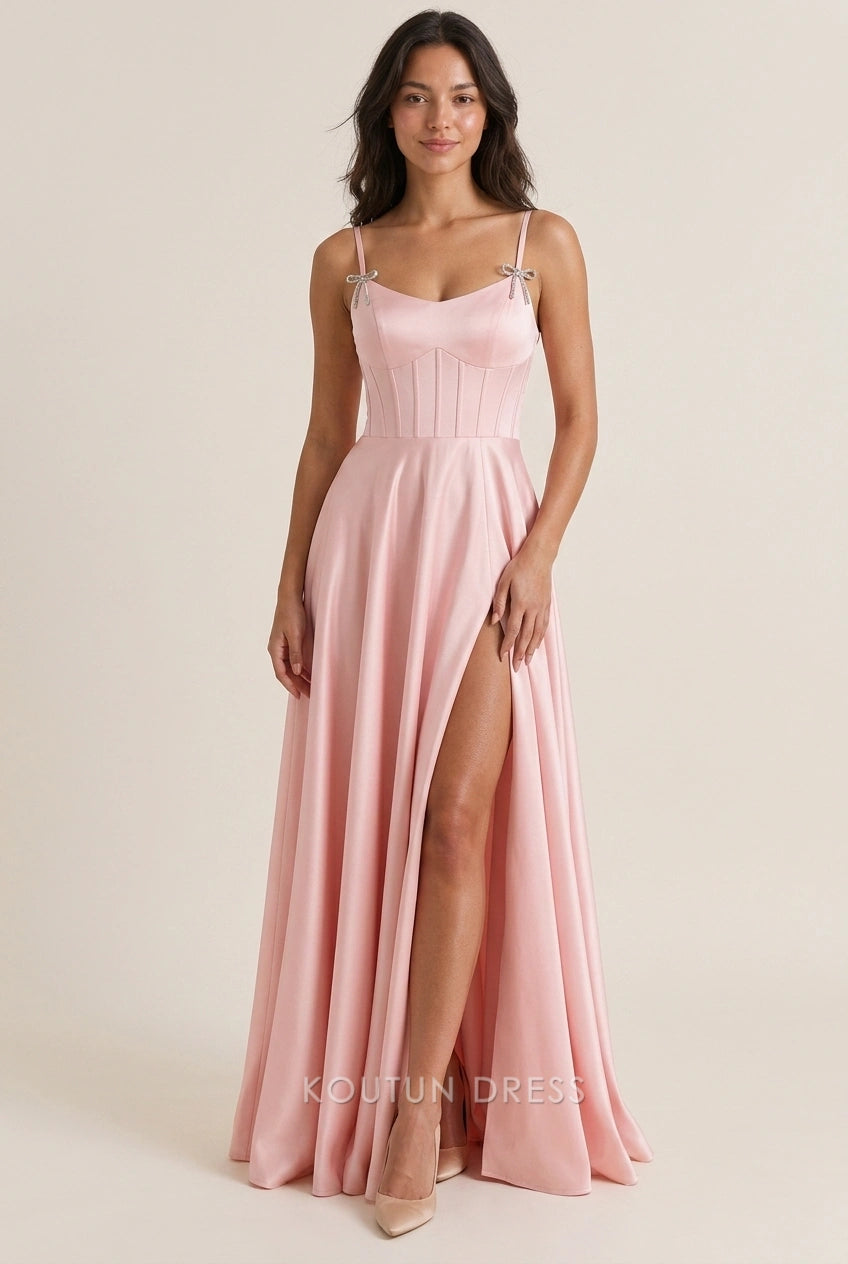 Elegant A-Line Sweetheart High Slit Bow Straps Blush Pink Floor-Length Prom Dresses