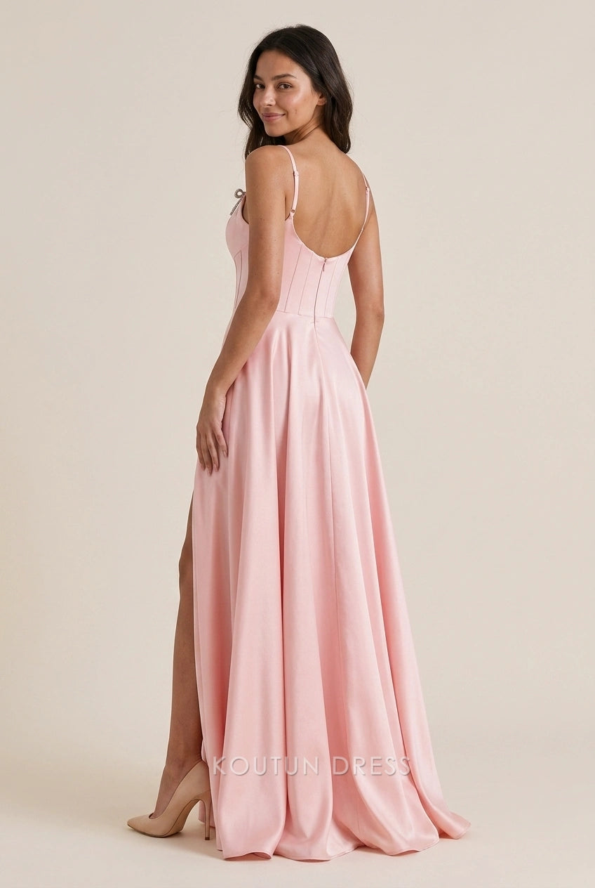 Elegant A-Line Sweetheart High Slit Bow Straps Blush Pink Floor-Length Prom Dresses