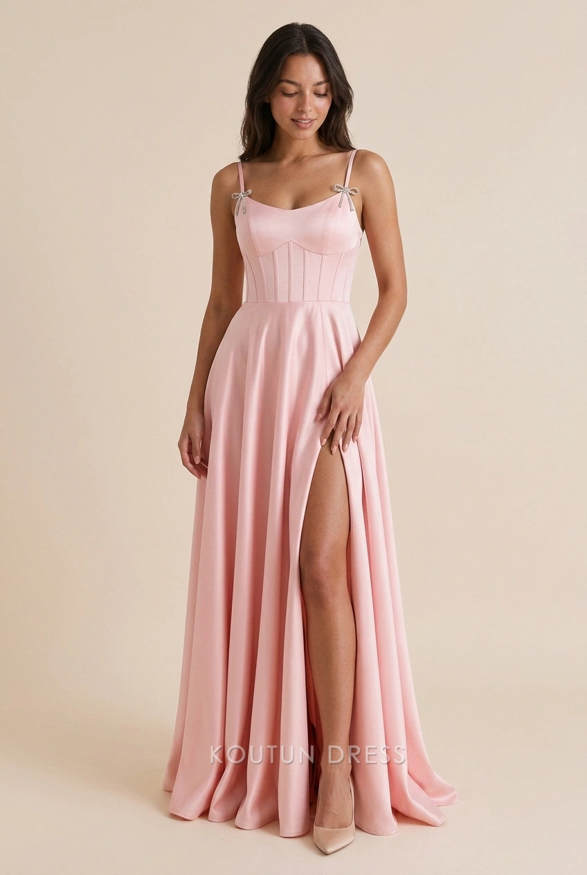Elegant A-Line Sweetheart High Slit Bow Straps Blush Pink Floor-Length Prom Dresses