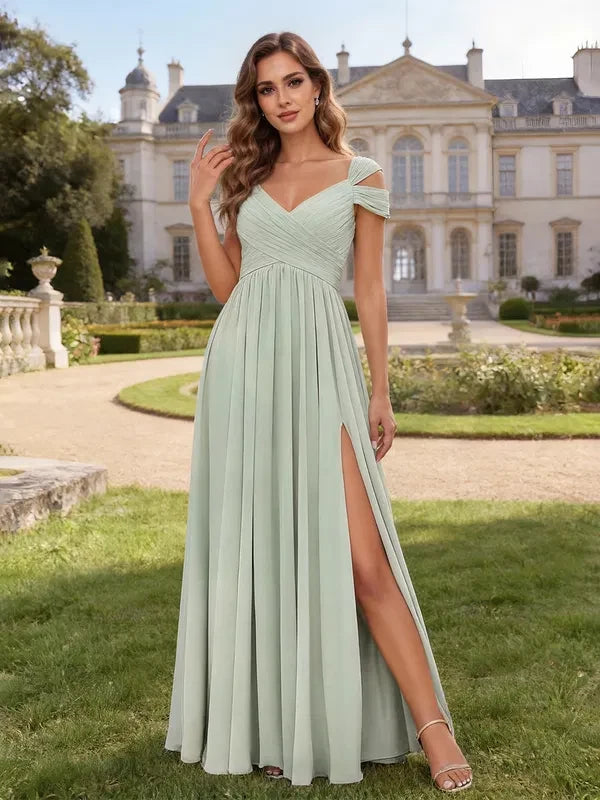 Elegant A-Line Sweetheart Off-Shoulder High Slit Sage Green Floor-Length Prom Dress Gown