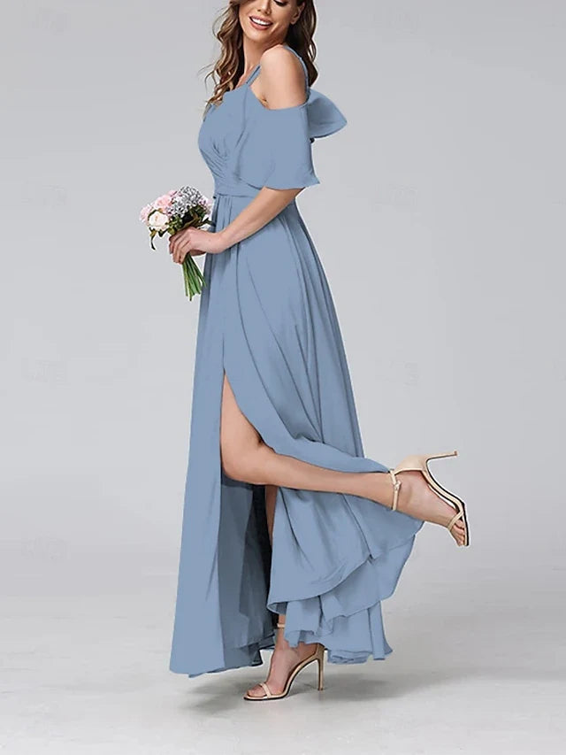 Elegant A-Line Sweetheart Off-Shoulder Ruched Slit Dusty Blue Prom Gown