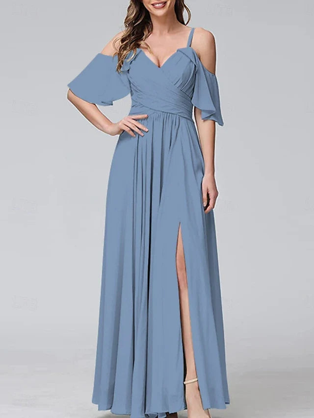 Elegant A-Line Sweetheart Off-Shoulder Ruched Slit Dusty Blue Prom Gown
